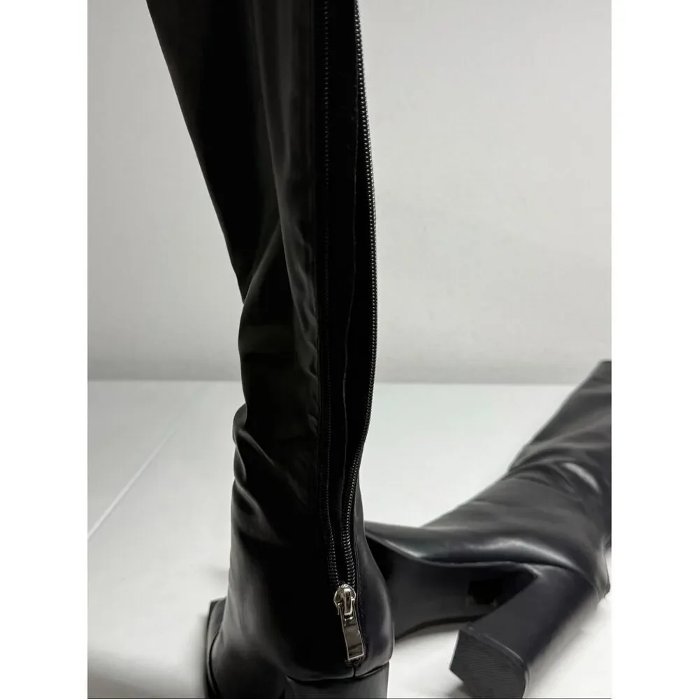 Black Faux Leather Knee High Boots Square Toe Block Heel Back Zip Sz 4